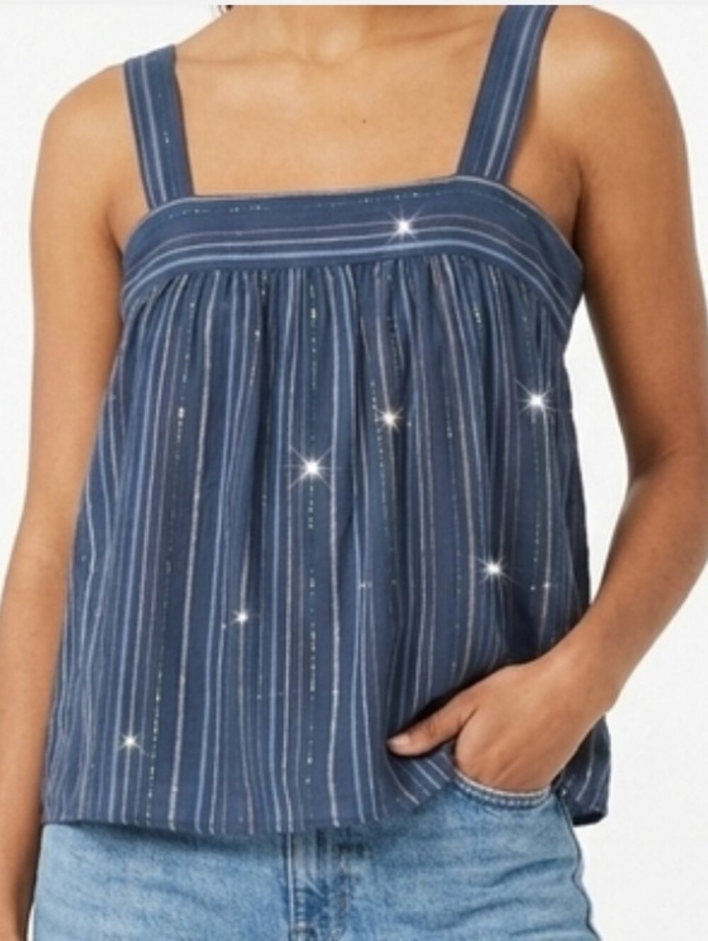 Old Navy Women's Blue Striped Cotton Blouse / Lurex Sparkle, Size L Boho Summer